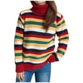thumbnail image 2 of Jjayotai Women Striped Color Block Sweaters Clearance, Mock Neck Long Sleeve Loose Soft Fuzzy Knit Pullover Red L, 2 of 6
