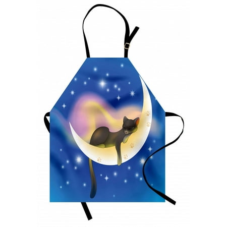 

Cat Apron Cat Sleeping on Crescent Moon Stars Night Sweet Dreams Themed Kids Nursery Design Unisex Kitchen Bib Apron with Adjustable Neck for Cooking Baking Gardening Blue Yellow by Ambesonne