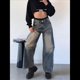 thumbnail image 5 of Pantalones Vaqueros de Pierna para Mujer, Desgastados, de Cintura Media, Estilo Vintage Y2K. Azul Retro L, 5 of 7