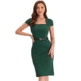 thumbnail image 1 of Vestido tubo de cuello cuadrado con cinturón y mangas casquillo vintage para mujer Verde Oscuro M, 1 of 6
