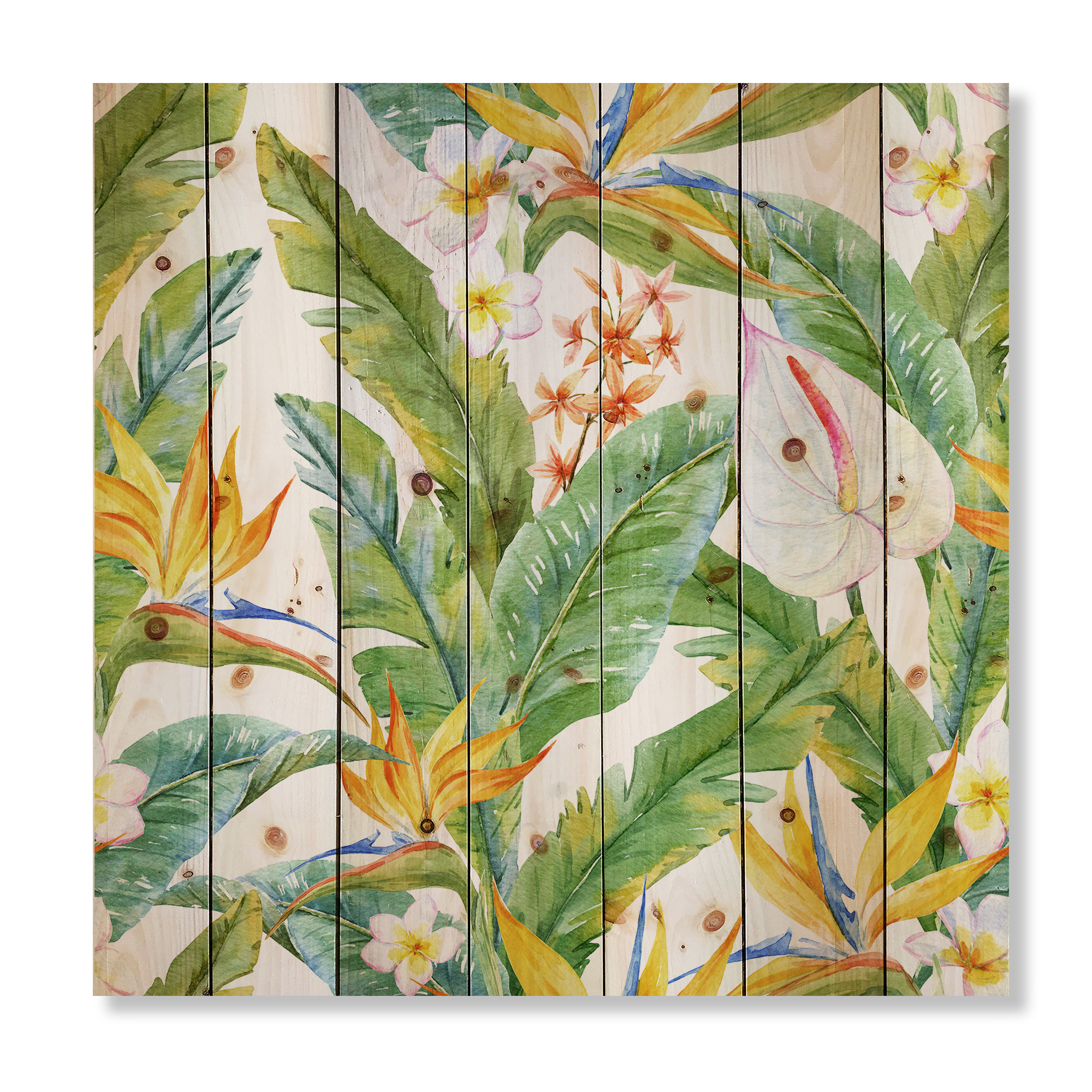 Designart 'Yellow Flowers and Tropical Foliage II' Modern Print on Natural Pine Wood