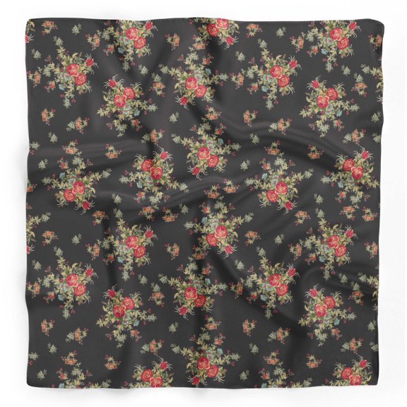 Bimba Black Leaves,Rose & Miosotis Floral Pure Silk Printed Head Bandanas Summer Neck Wrap Scarf 40 x 40 Inches