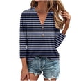 thumbnail image 3 of ClodeEU Women's Striped Henley Neck 3/4 Sleeve T Shirt ,Button Down V-Neck Top, Basic Ladies Loose Fit Tee Blue,Womens Plus XL, 3 of 6