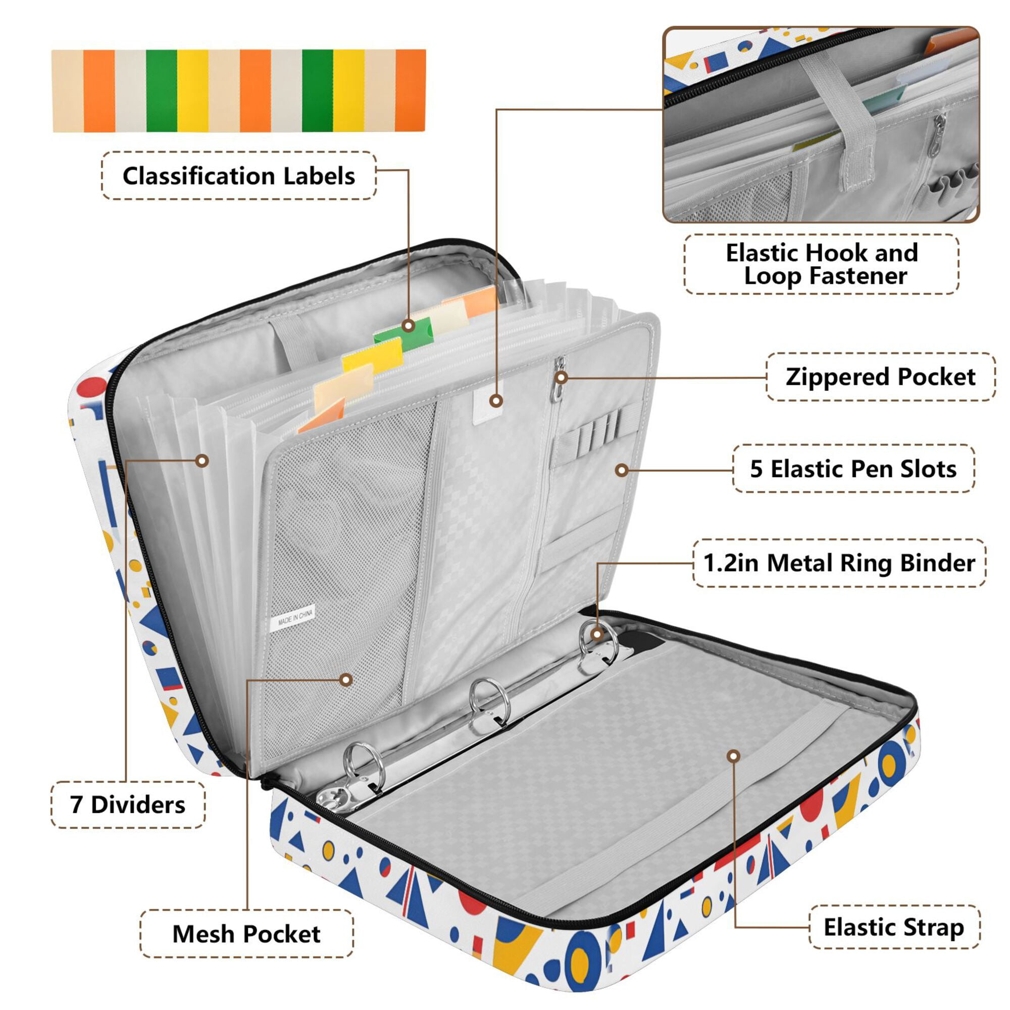 FORMRS Accordion File Folder A4 Size 7-Pocket Expanding Document Organizer Bag with 3 Ring Binder, Simple Shapes