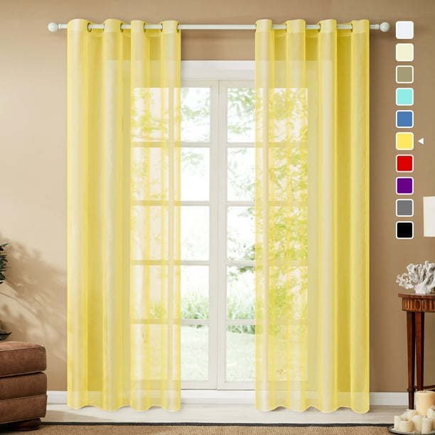 Topfinel Yellow Grommet Sheer Curtains Faux Linen Solid Window Curtains
