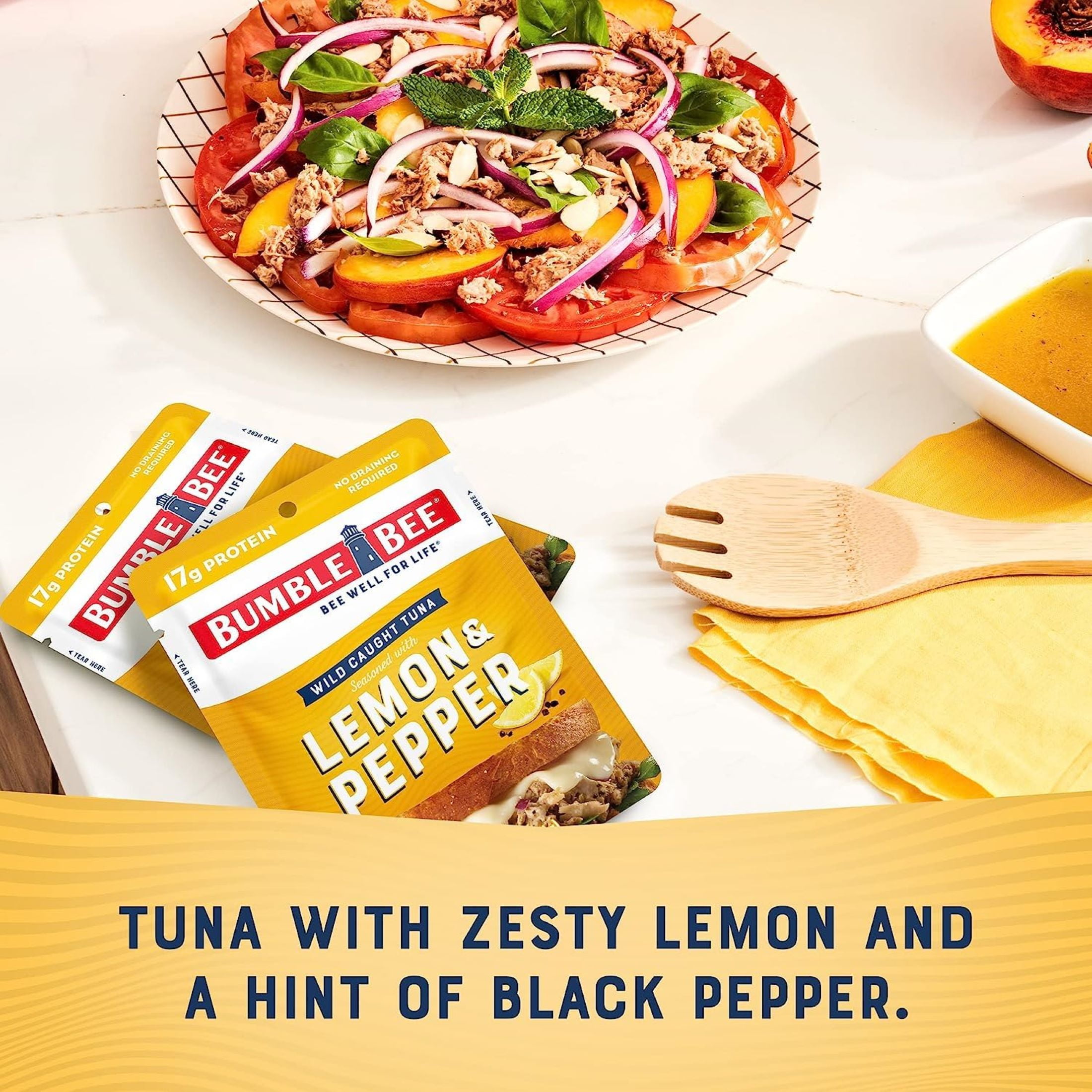 Bumble Bee Lemon & Pepper Seasoned Tuna, Wild Caught, Ready to Eat, Gluten Free, 17g of Protein per Serving, Shelf Stable Pouch, 2.5 oz