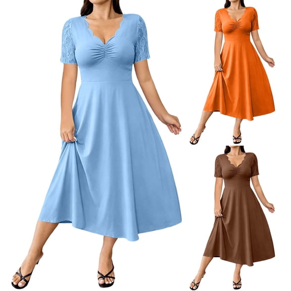 VBVC Women's Scalloped V Neck Lace Short Sleeve Midi Dress , Ladies' Fit and Flare Casual Dress , Elegant A Line Party Dress For Women,Coffee,S-5XL