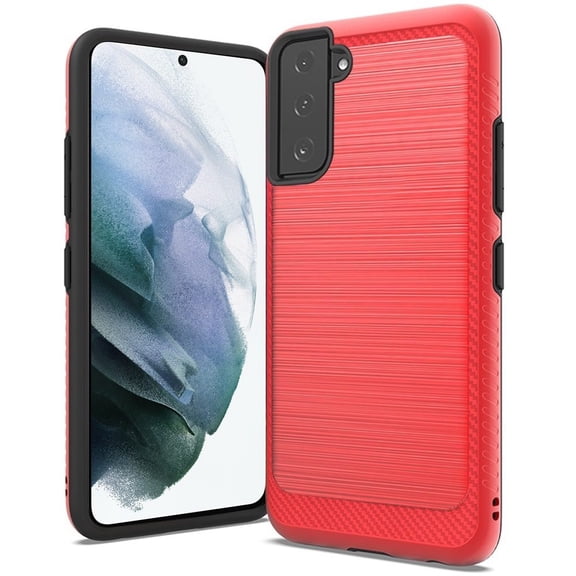 for Samsung Galaxy S21 FE /Fan Edition Protective Hybrid TPU 2-Piece Shockproof with Brushed Metal Texture Carbon Fiber Hard PC Back Cover ,Xpm Phone Case [Red]