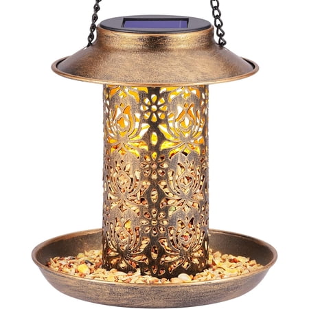 Solar Bird Feeder for Outdoors Hanging, Metal Wild Bird Feeder for Cardinals Solar Garden Lantern with S Hook as Gift for Bird Lovers