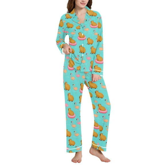 joogoo Pajamas Set for Women Cartoon Capybara Flamingo Long Sleeve Pjs Loungewear L