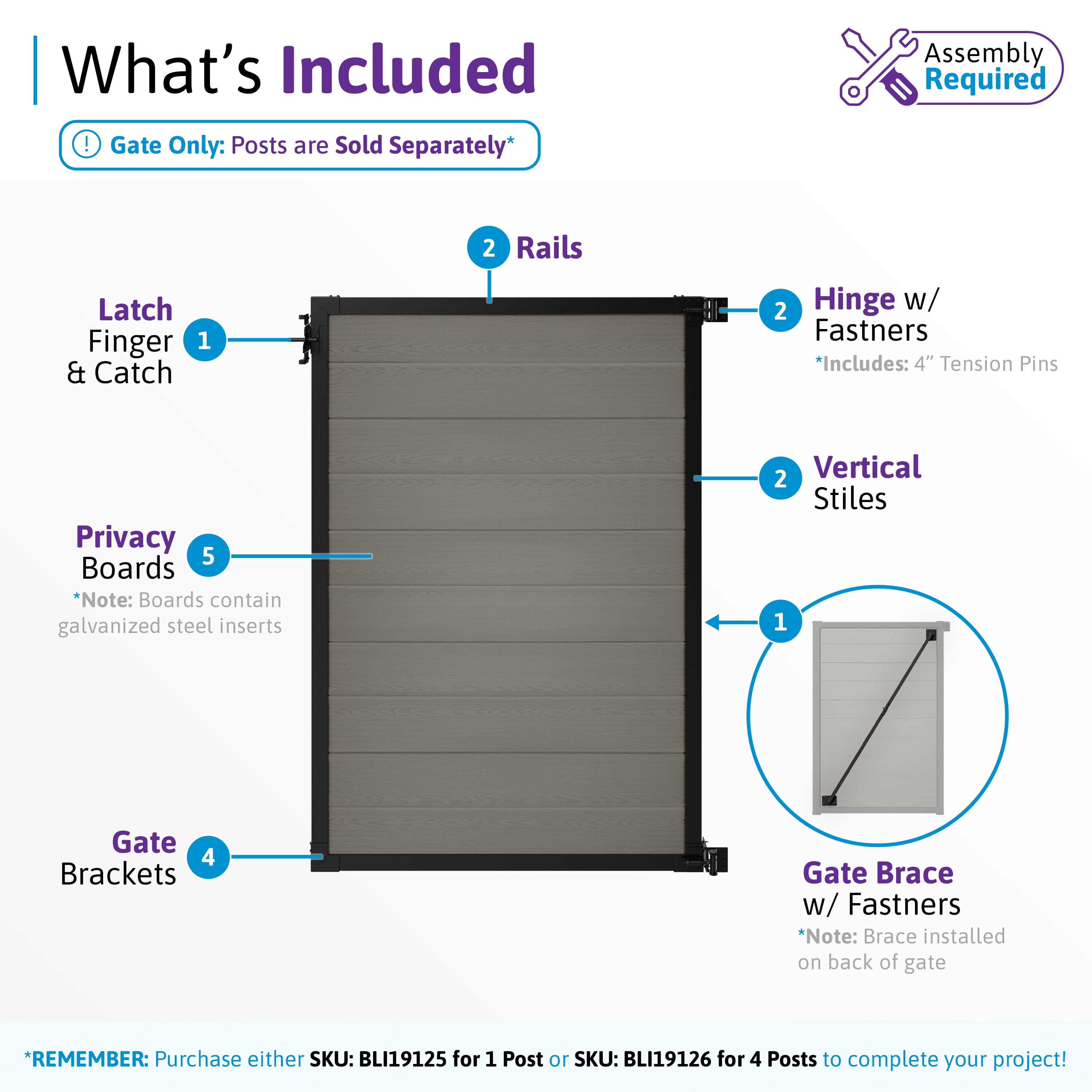 6ft H x 4ft W WamBam Privacy Fence Gate, Composite Fence Gate Kit with Aluminum Frame, Woodgrain Boards, No-Dig Install, UV Resistant Outdoor Gate for Backyard Patio or Pool, Slate Grey BL19115