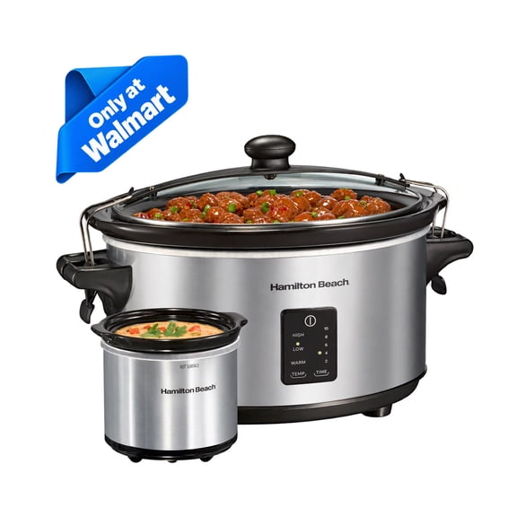 Hamilton Beach 7 Qt Programmable Slow Cooker, Stoneware Crock with Removable Pot, Includes Party Dipper Food Warmer, Stainless Steel