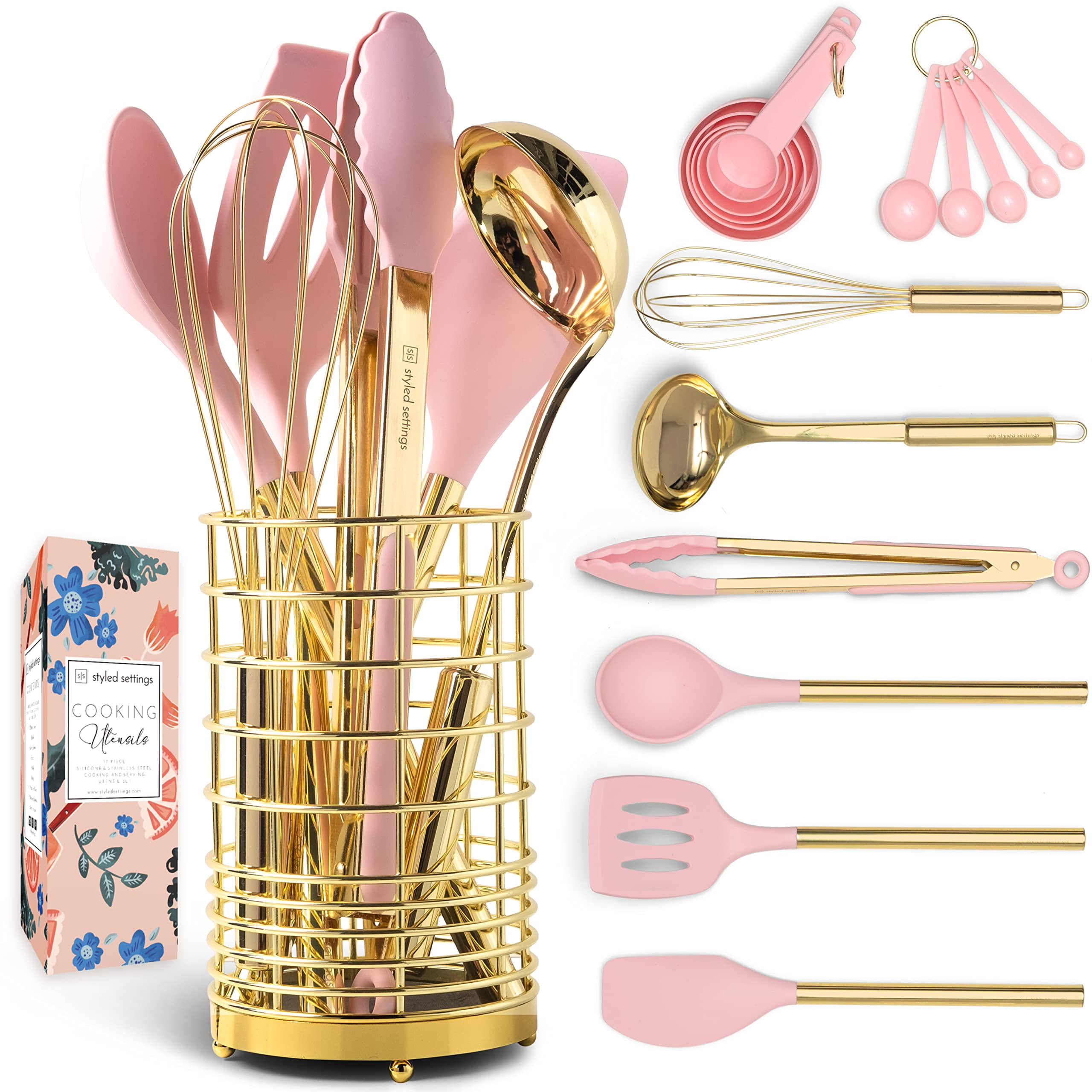 Styled Settings White & Gold Silicone Cooking Utensils Set with Holder 