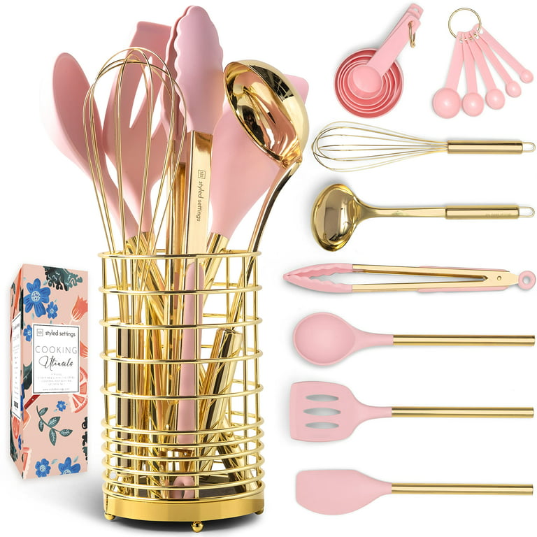 Gold & Pink Kitchen Utensil Set with Holder - Pink Cooking Utensilsgold  Whisk