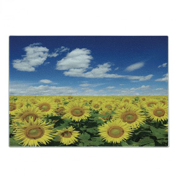 Sunflower Cutting Board, Fresh Sunflowers Field Under Clear Sky Clouds Countryside Farm Picture, Decorative Tempered Glass Cutting and Serving Board, Small Size, Blue Green Yellow, by Ambesonne