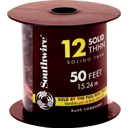 Southwire 11587337 Solid THHN Building Wire, 12 Gauge, Black, 50'
