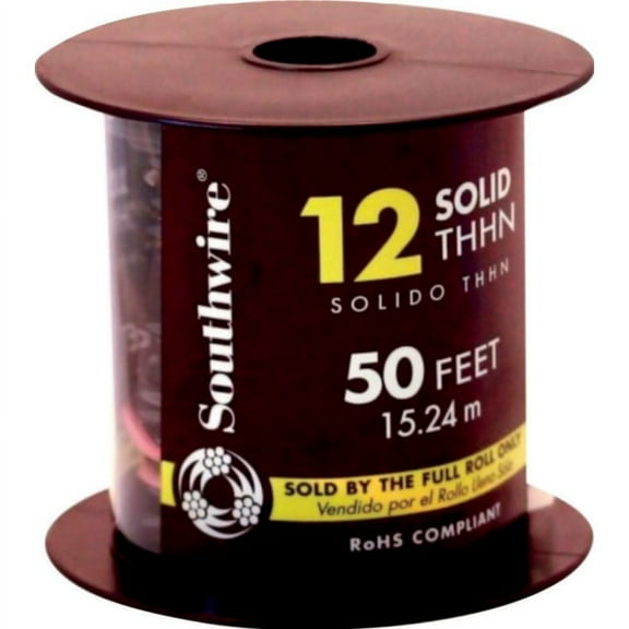 Southwire 11587337 Solid THHN Building Wire, 12 Gauge, Black, 50'