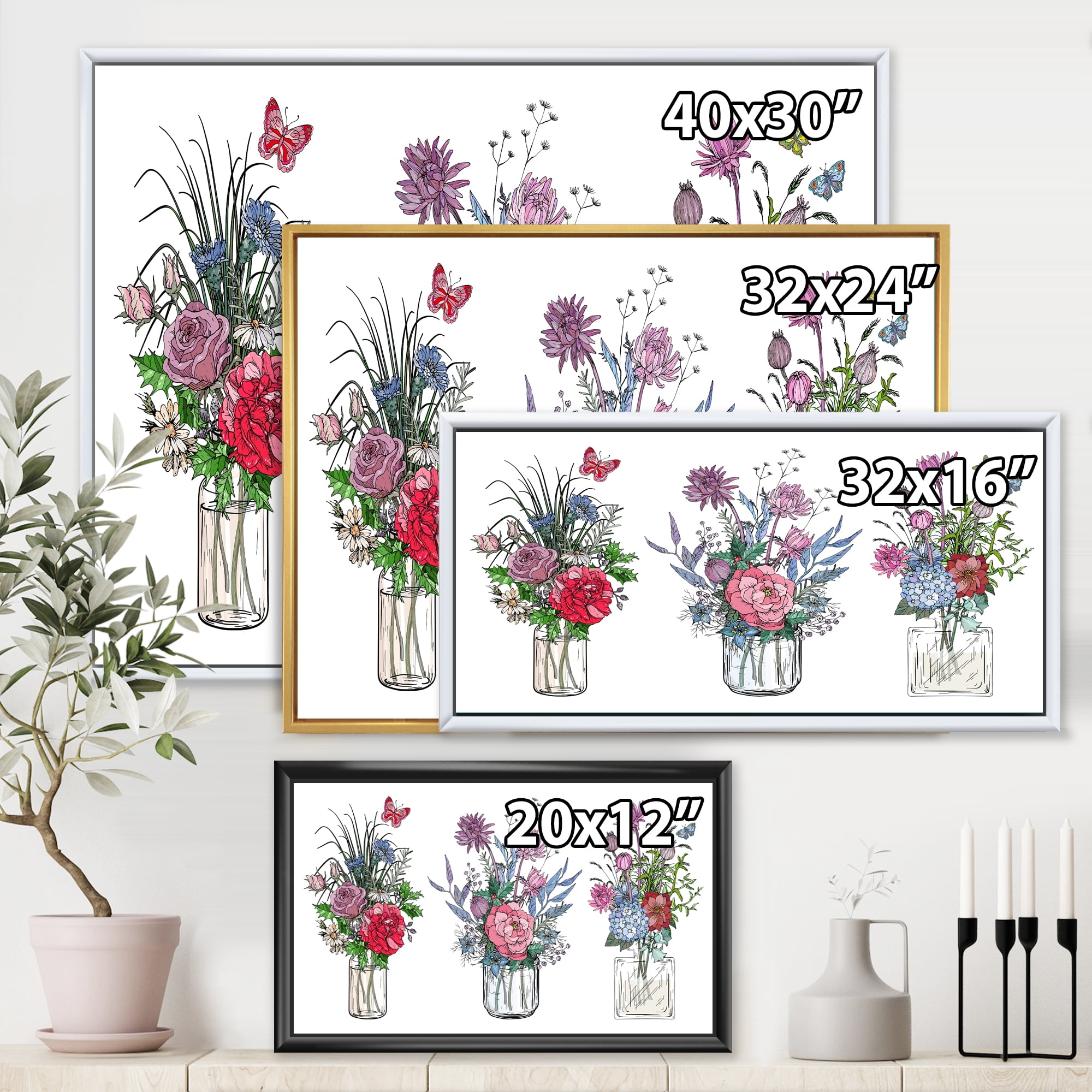 Designart 'Transparent Vases With Bouquets of Wildflowers I' Farmhouse Framed Canvas Wall Art Print
