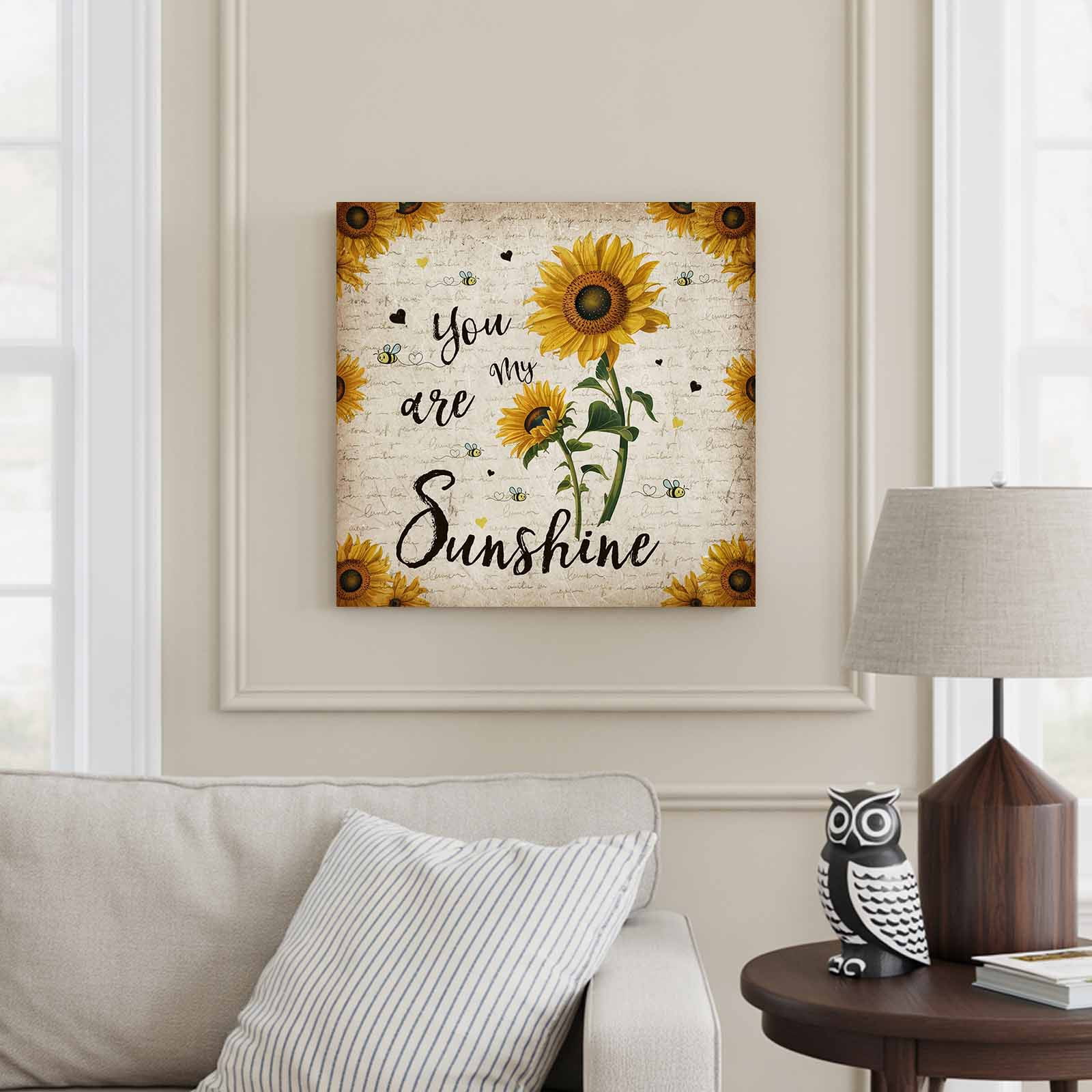 Vintage Sunflower Framed Canvas Wall Art, You Are My Sunshine Floral Bee Beige Letter Wall Art Painting for Living Room Bedroom Home Decor, 16”x16”, Office Artwork Print