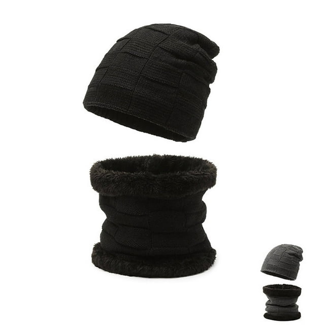YAOBAMM Cozy Knitted Hat Scarf 2 Pcs Set Men Hat Scarf Set Knitted High Elasticity Warm Solid Color Thick Plush Winter Cycling Riding