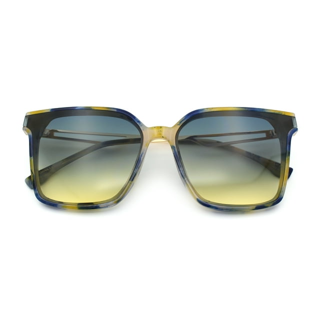 Womens Luxury Designer Inset Lens Metal Arm Horn Rim Plastic Fashion Sunglasses Yellow Blue Marble - Black Yellow