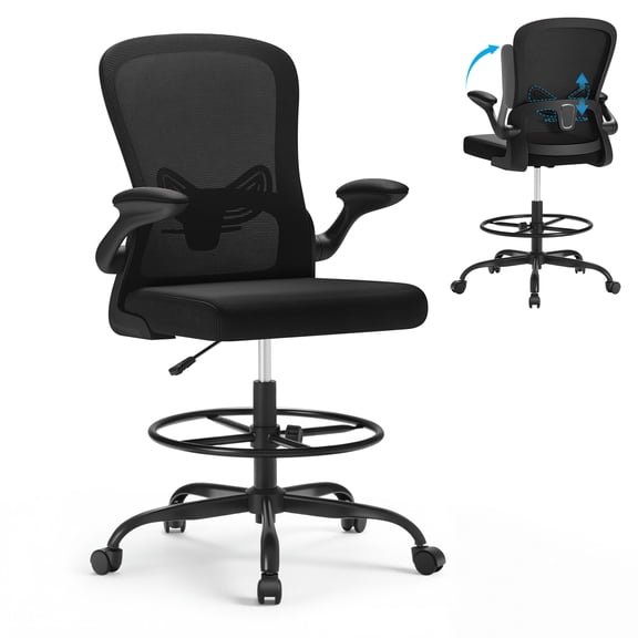 Vyrox Ergonomic Drafting Chair, Office Chair with Adjustable Foot Ring & Lumbar Support, Standing Desk Chair with Flip-up Armrests, Black