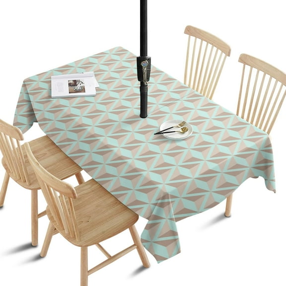 Outdoor Macaron Cyan Tablecloth with Umbrella Hole and Zipper,Rectangle Waterproof Wrinkle Free Table Cloth Decorative Fabric Washable Table Cover for Patio, Party, Picnic 60 X 84 Inch