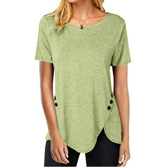 Giftesty Womens Plus Size Clearance Women Plus Size Button Solid Round Neck Short Sleeve Irregular T-shirt Blouse Tops