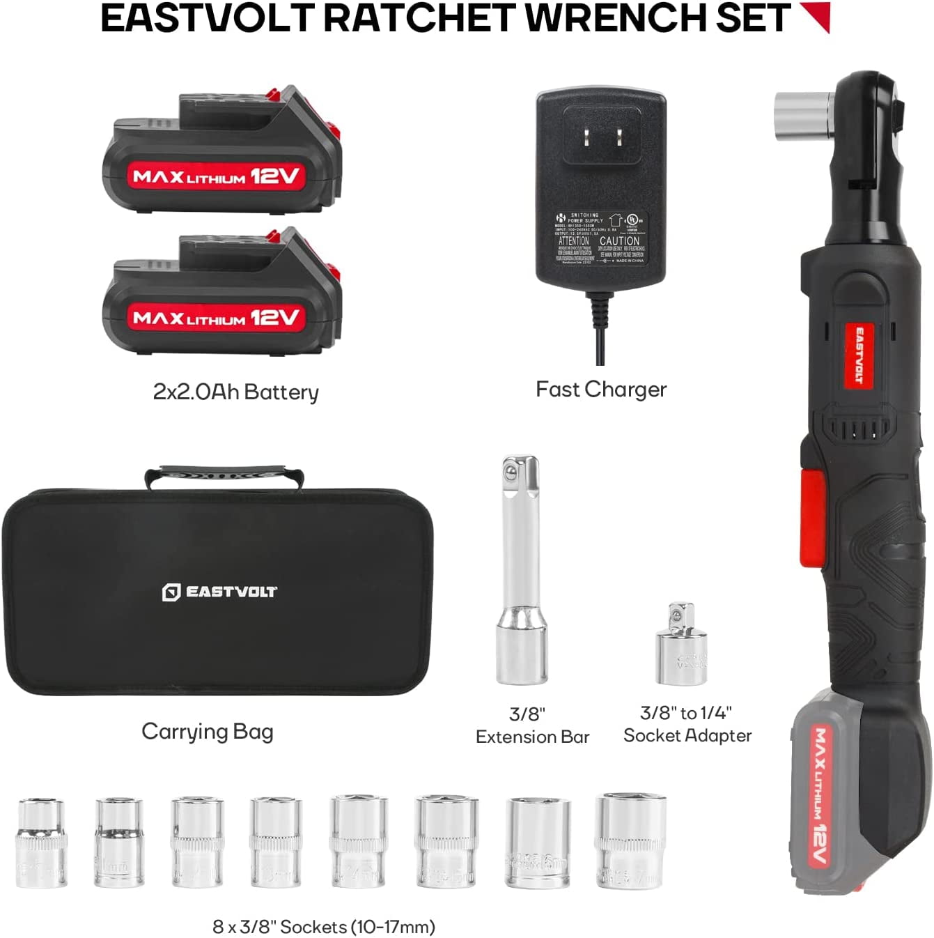 Eastvolt EVRW1202B, 3/8" Cordless Electric Ratchet Socket Wrench & Set, 14 Pieces