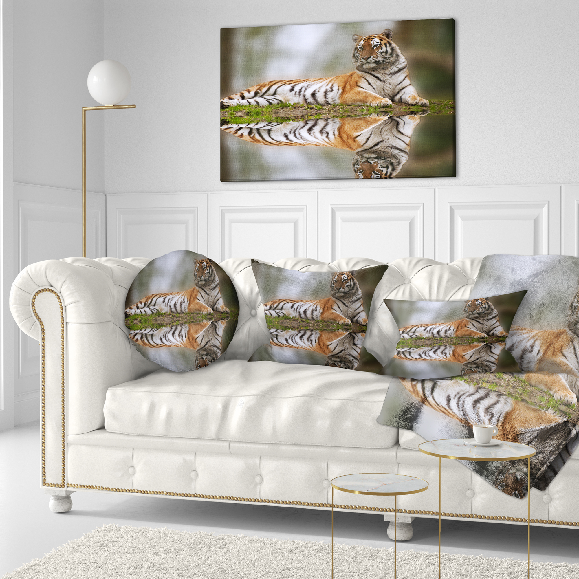 Designart Tiger Reflecting in Water - Animal Throw Pillow - 12x20