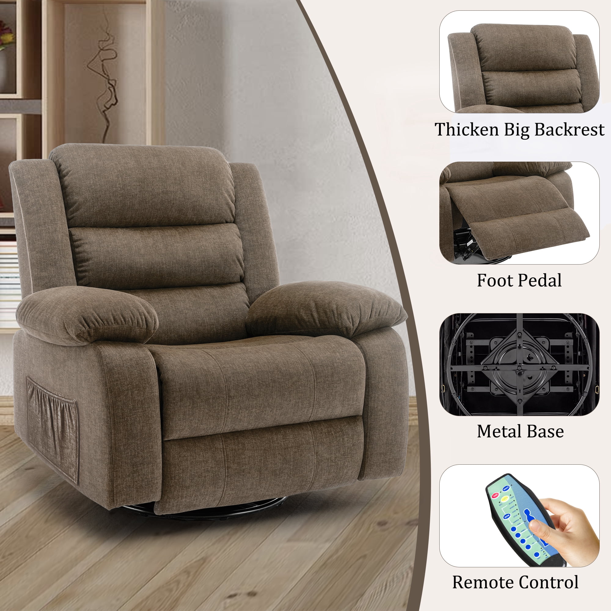 Korser Oversized Swivel Rocker Recliner Chair for Adults 40.6'' Wide for Nursery Living Room,Brown