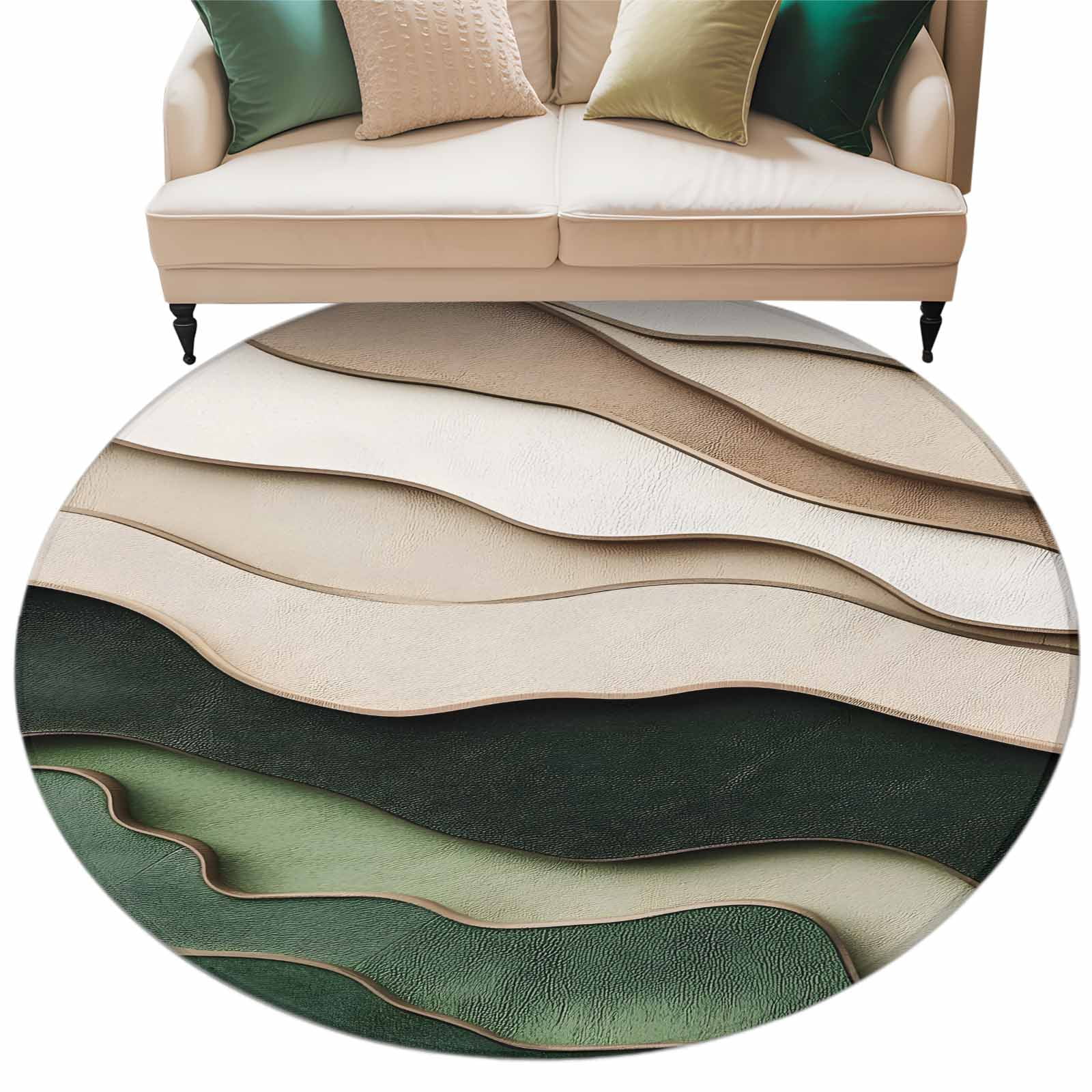 Washable Round Area Rug Modern Khaki Green Wave Texture Circle Rugs Floor Carpet for Living Room Bedroom Abstract Watercolor Geometric Soft Non Slip Round Rug 5ft