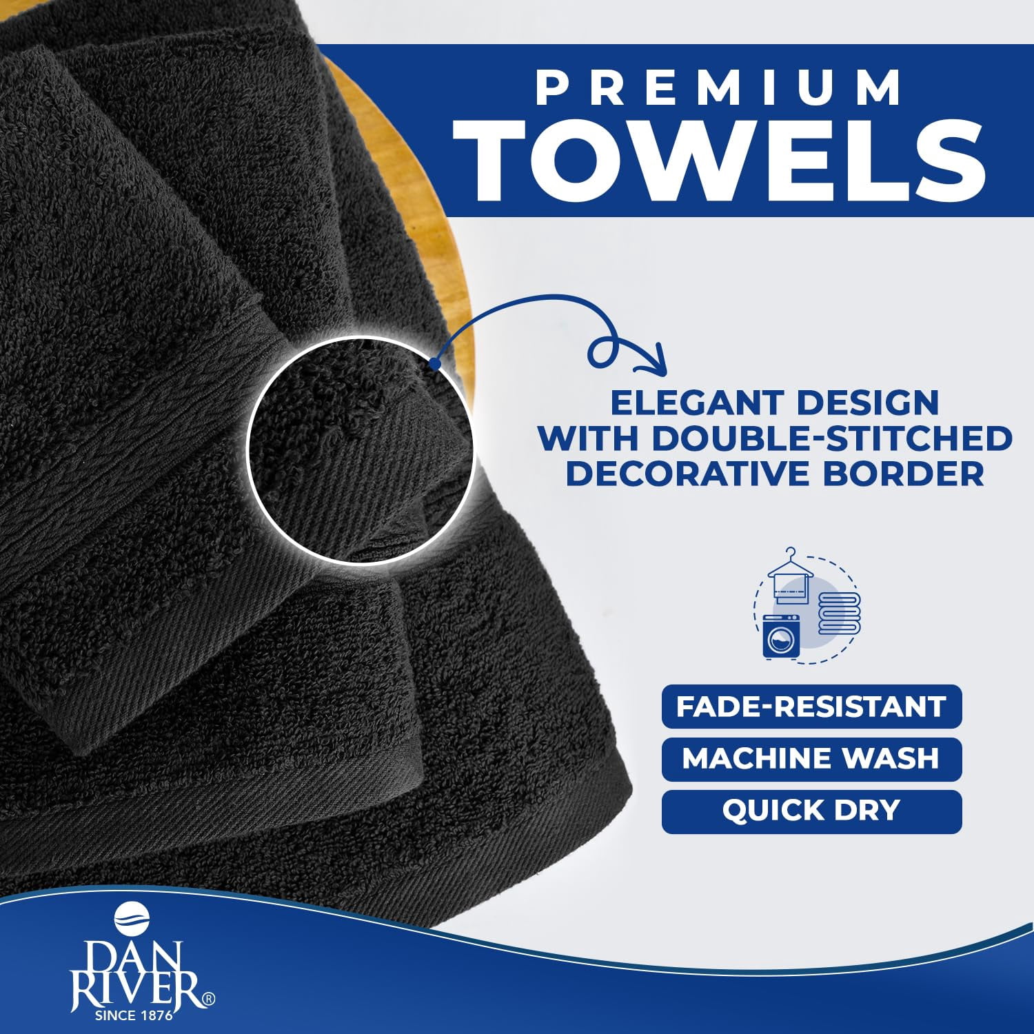 Dan River 8 Piece Towel Set Soft Quick Drying Cotton Bath Towel For Gym, Spa and Bathroom - Black