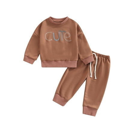 

jaweiwi Toddler Girls Boys Patchwork 2Pcs Outfits Set Capital Letter Print Long Sleeve Round Neck Pullover Tops + Elastic Drawstring Casual Trousers 6 12 18 24 Month 3 4 Years