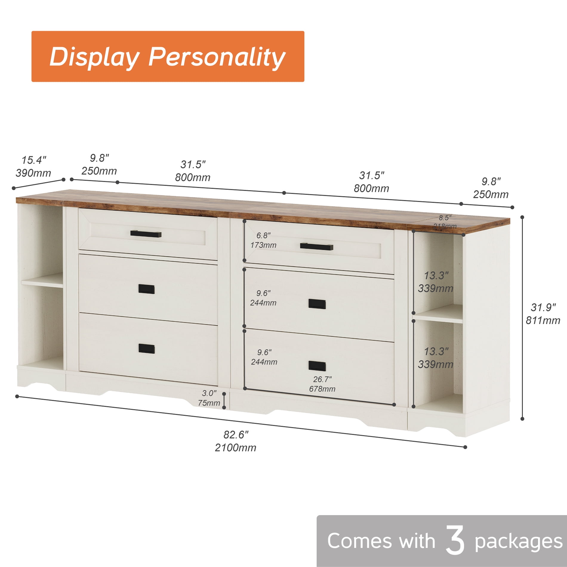 Farmhouse 4 in 1 Dresser TV Stand for 75 85 95" TVs ,Wood Entertainment Center with 6 Drawers Dresser Cabinet and Open Storage for Living Room ,White