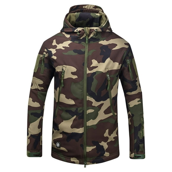 WRKEKC Men's Winter Camo Hooded Jacket Long Sleeve with Zippered Pockets, Insulated Casual Parka for Outdoor Activities Green 3XL
