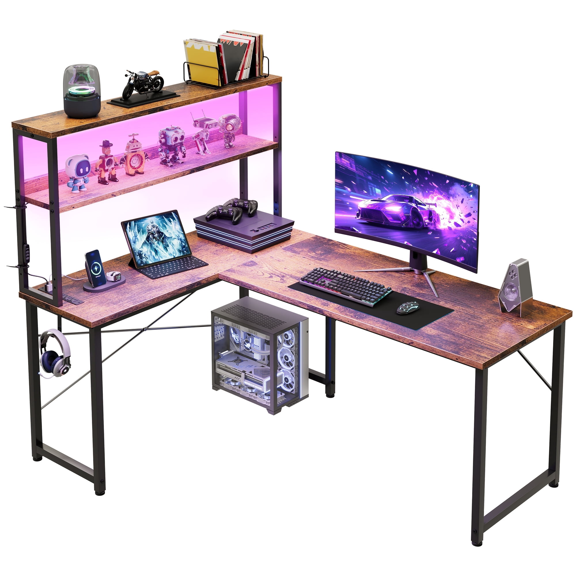 Casacomoda 53 Inch L Shaped Desk with LED Light & Power Outlet, Reversible L Shaped Computer Table with Shelf & Hook for Home Office, Vintage