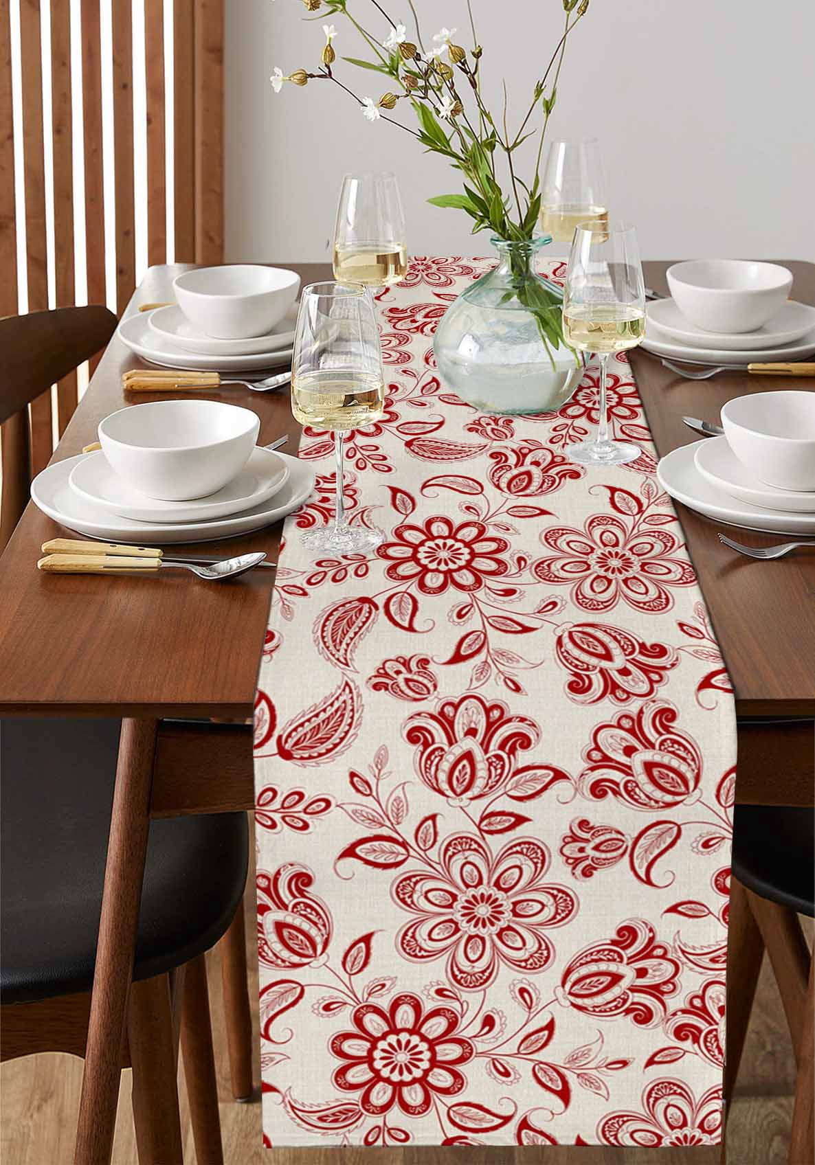 nqOlkjepod Red Flower Table Runner 70 Inches Long Farmhouse Dress Scarves, Farmhouse Pastoral Vintage Ethnic Floral Dining Tablerunner for Coffee Table/Kitchen Island/Party Décor, 13" x 70"