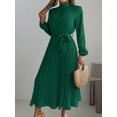 thumbnail image 3 of ZOELNIC Women's Mock Neck Long Sleeve Dress High Waist Belted Pleated Flowy A-Line Cocktail Party Maxi Dress, L, 3 of 7