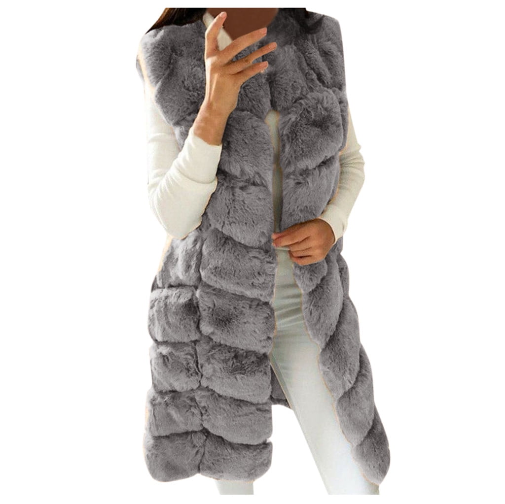 Women Faux Fox Fur Warm Cardigan Winter Fluffy Gilet Artificial Fur Vest Mid-Long Sherpa Sleeeless Heavy Coat Jacket 