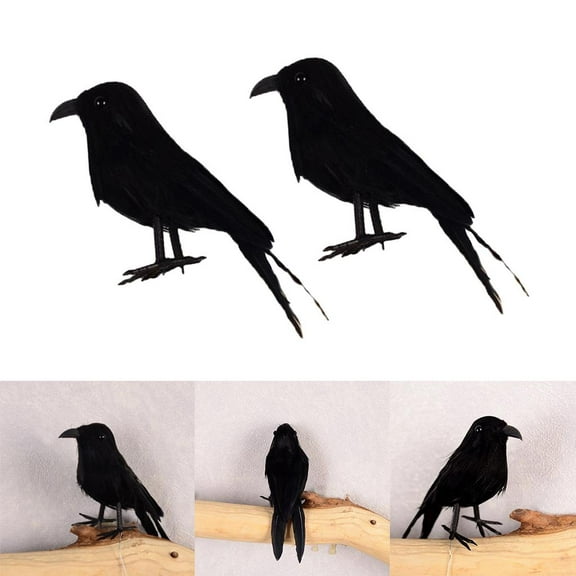 2Pcs Realistic Feathered Bird, Artificial Black Crows Ravens for Garden Outdoor