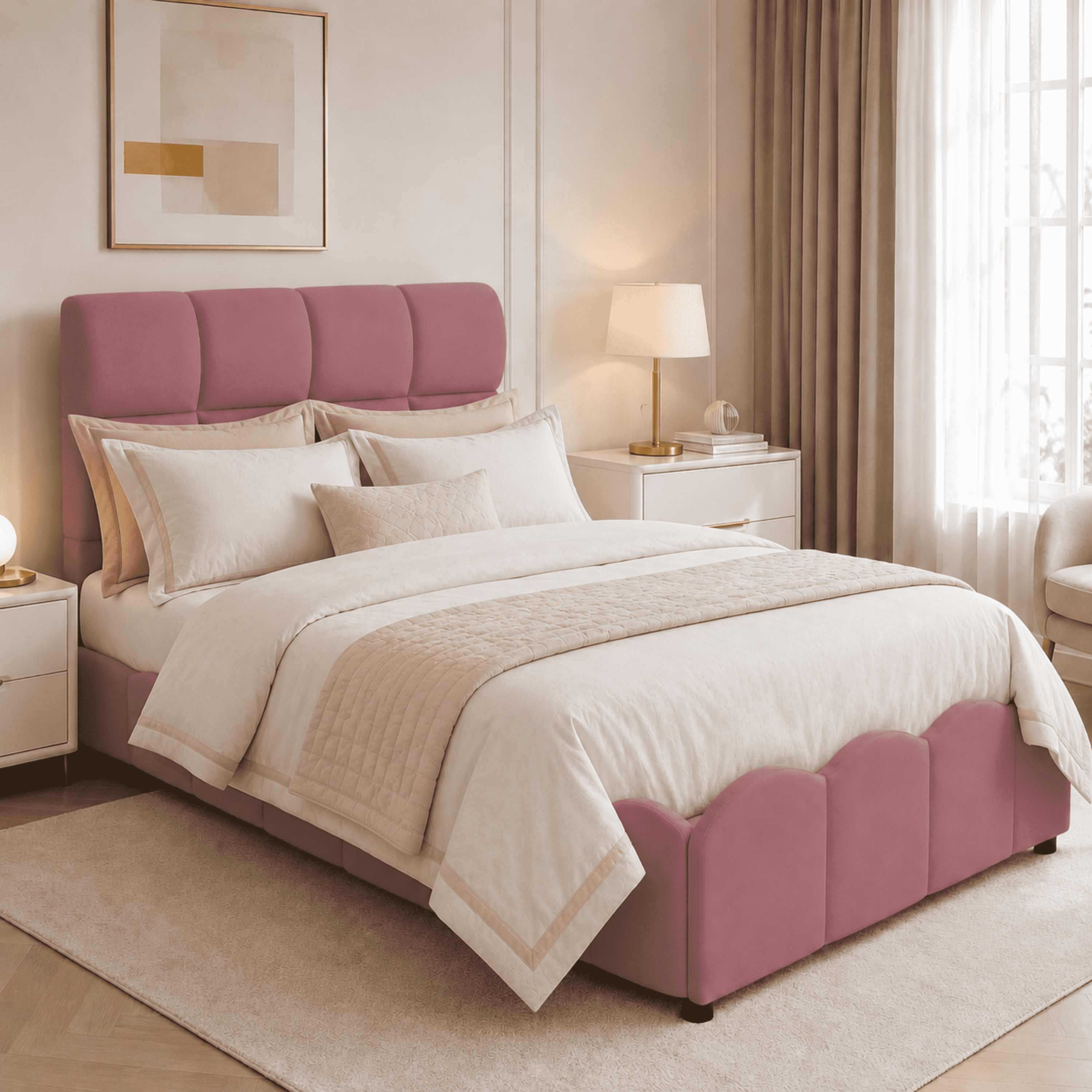 Euroco Upholstery Velvet Twin Size Platform Bed with Tall Panel Headboard, No Box Spring Needed, Pink