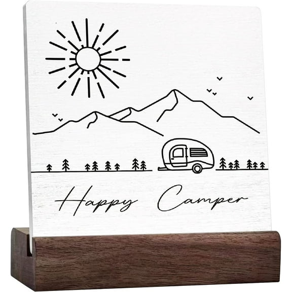 Camping Decor Funny Camping Sign Rustic Minimalism Happy Camper Ceramic Table Sign Home Camper Decor,Camper Decorations Accessories For Inside,Camping Gifts