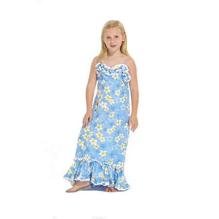 Hawaii Luau Long MuuMuu Swirl Mermaid Dress with Ruffles in Plumeria in Blue