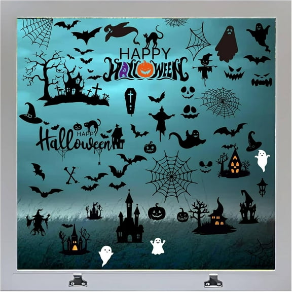1Set 8 Styles Happy Halloween Window Sticker Ghost Bats Spider Web Pumpkin Cross Large Window Clings Decorative Wall Decals for Bedroom Living Room Store Showcase Wall Decorations Party Supplies
