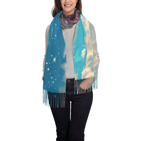 Rateoe Starry Sky Cloud Bulldog Women's Traditional Scarf Wrap Tassel Shawl Fringes Neck Head Shawl Retro Scarf