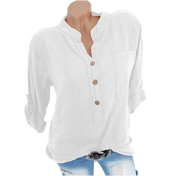 Womens V Neck Button Oversized Shirt Cotton Linen Roll up Long Sleeve Casual Work Blouse Loose Fit Tops with Pocket
