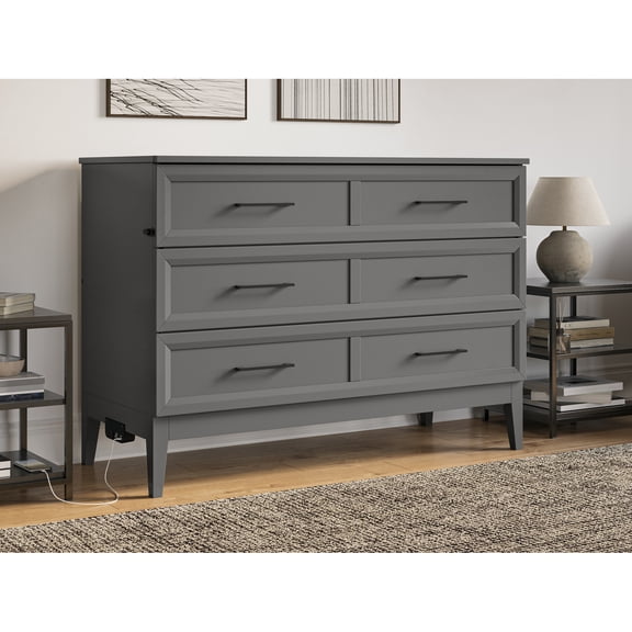 Full Murphy Bed Chest with MattressUSB Charger - Space Saving Bed, Grey Finish - HomeStock Renaissance Revival
