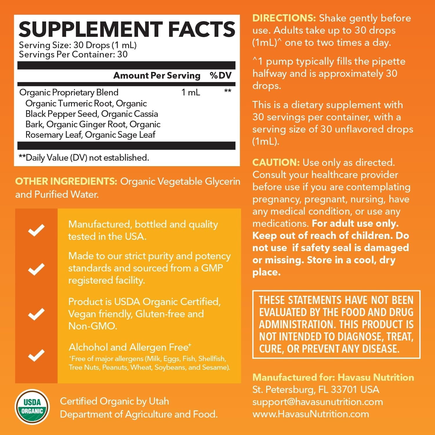 Havasu Nutrition Organic Turmeric Drops with Black Pepper, Digestive & Joint Support, 1 fl oz
