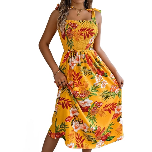 Vestidos de Verano para Mujer 2025, Vestido Informal con Tirantes Finos, Volantes, Plisado y Estampado Floral Fluido Amarillo M
